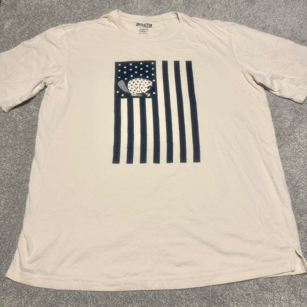 Duluth Trading Co Mens L Oversized American Flag Beaver Graphic Tee Cream